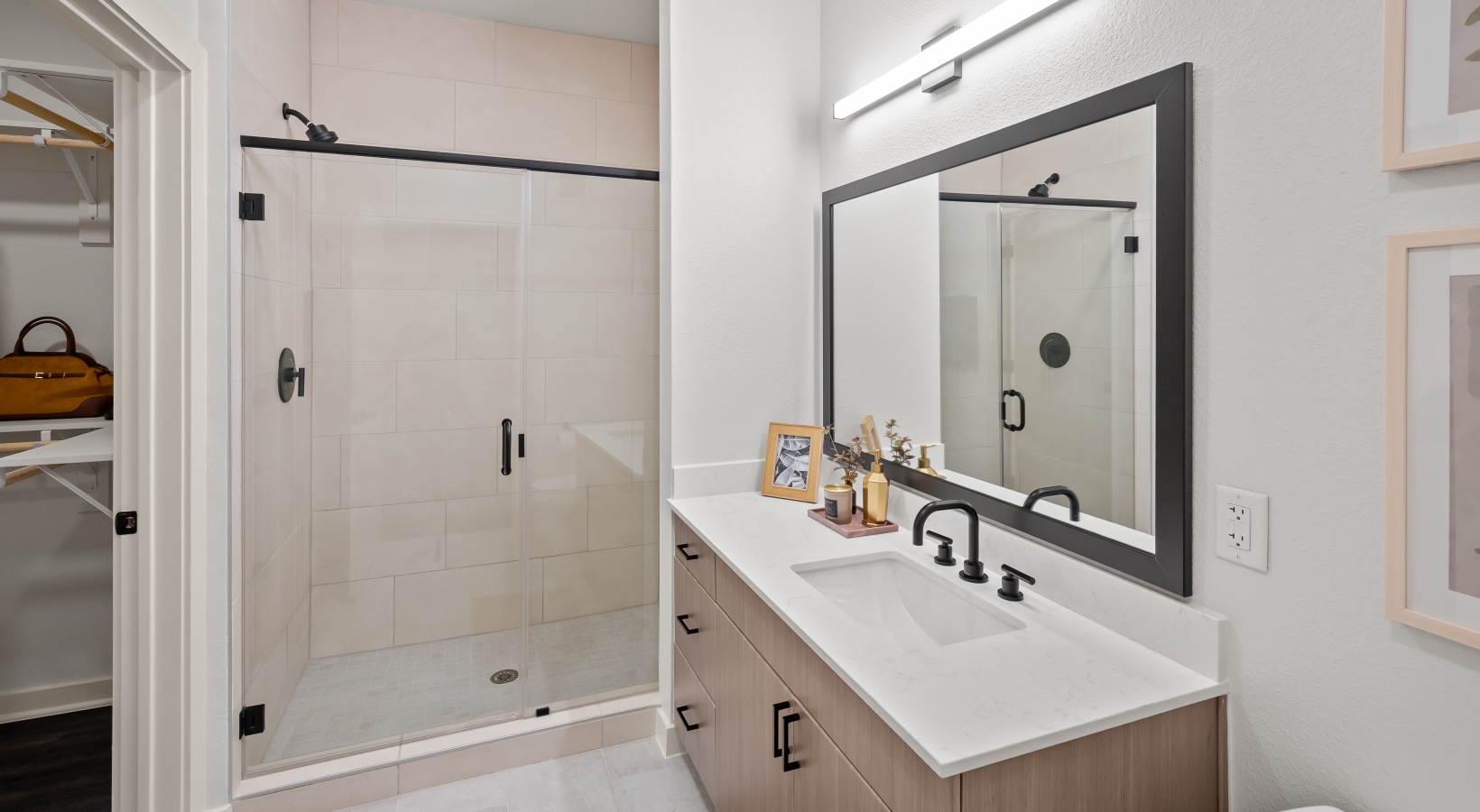 bathroom with walk in shower bathroom with quartz countertops and walk in shower