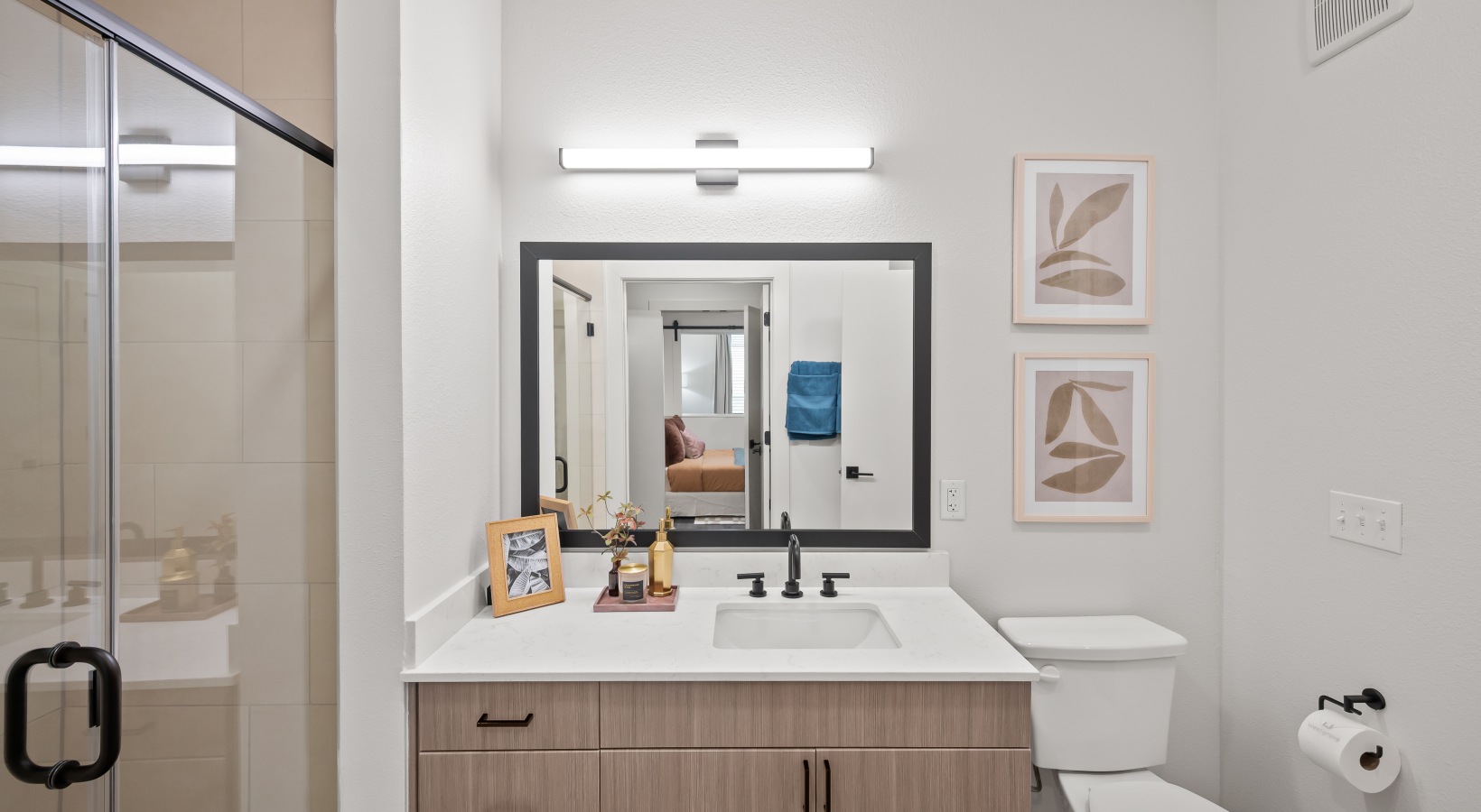 bathroom with walk in shower bathroom with quartz countertop and walk in shower