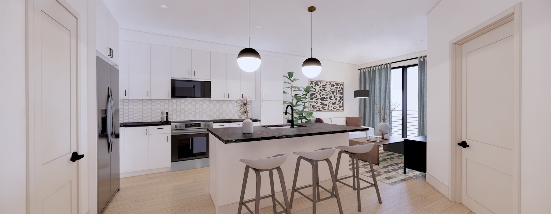 a kitchen with a wood floor and white walls