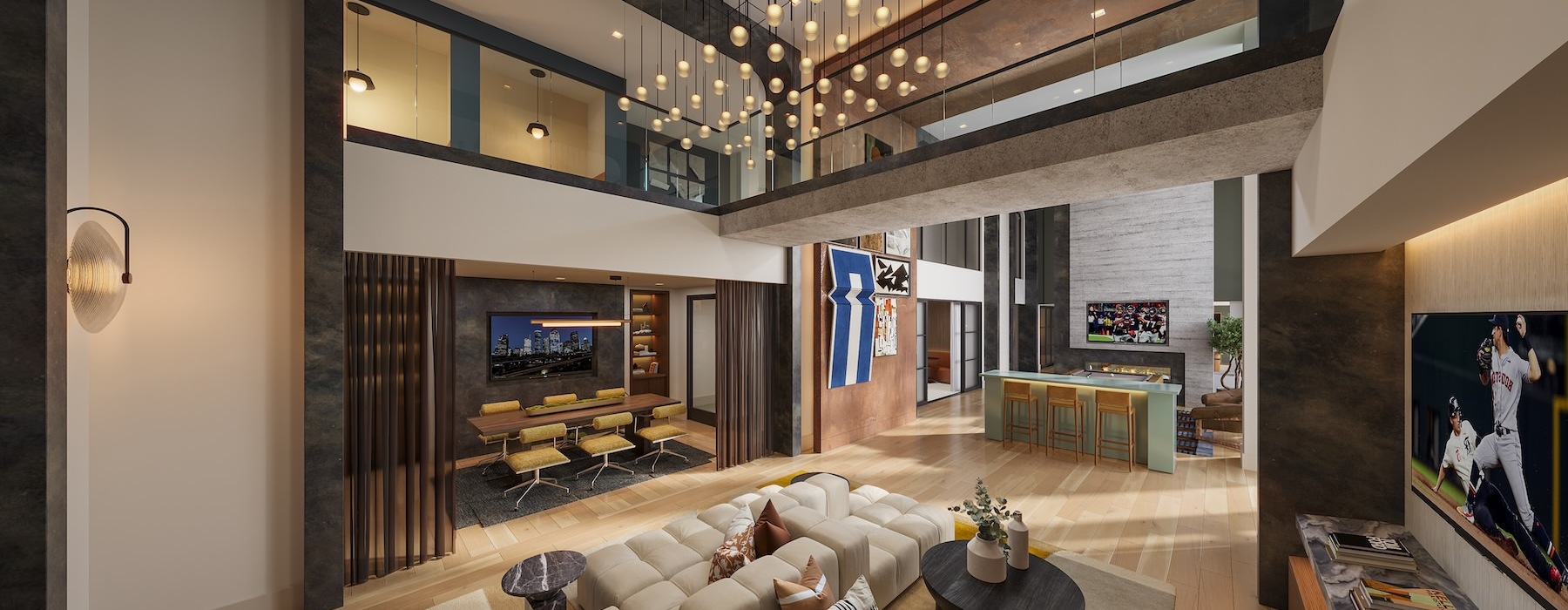 a spacios clubhouse with a large glass ceiling