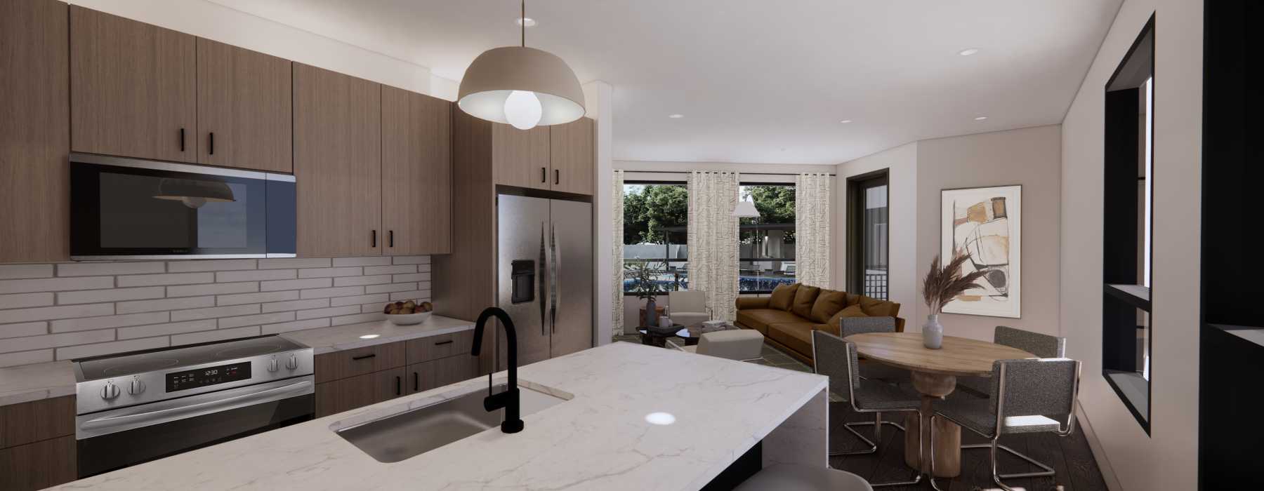 a kitchen with a dining table and a sink