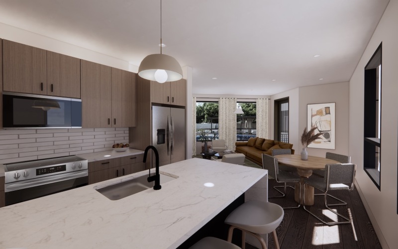 a kitchen with a dining table and a sink