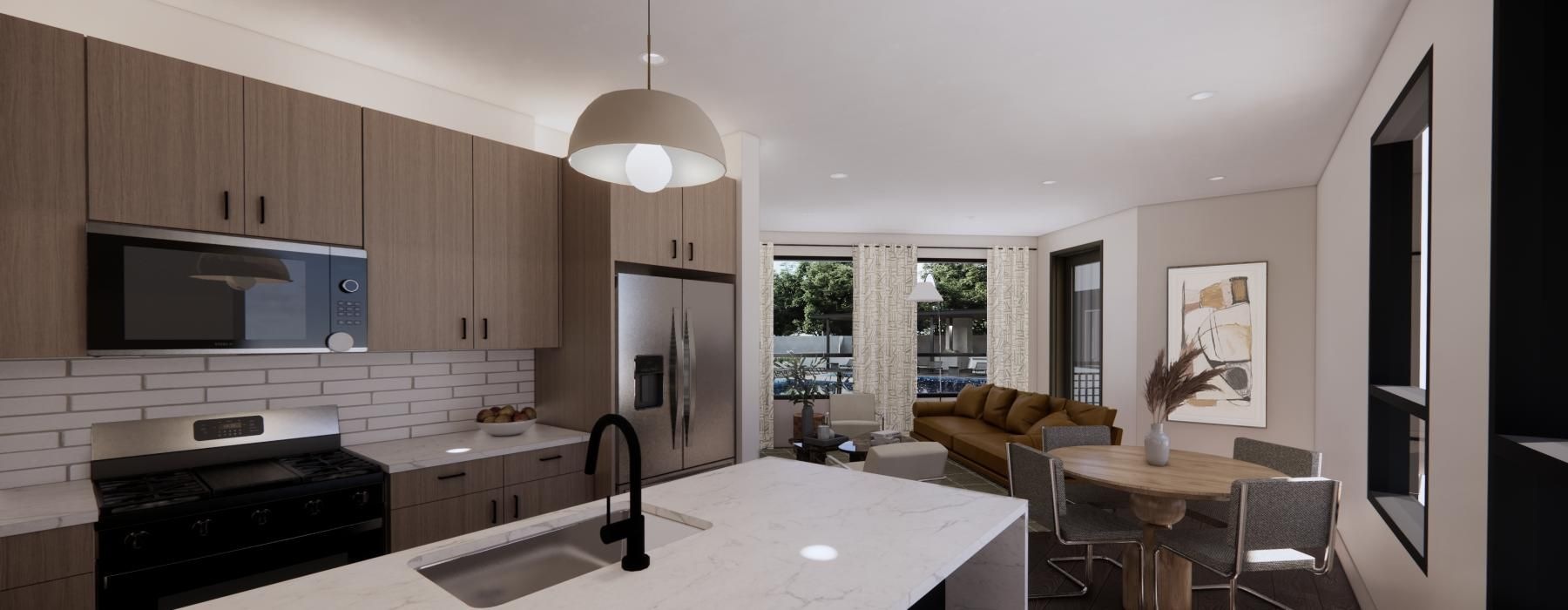 a kitchen with a dining table and a sink