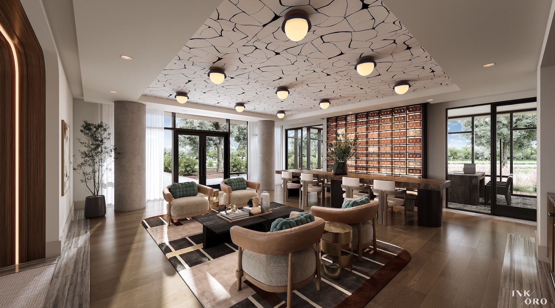 State-of-the-art amenities a clubhouse room with a table, chairs, and wood floors