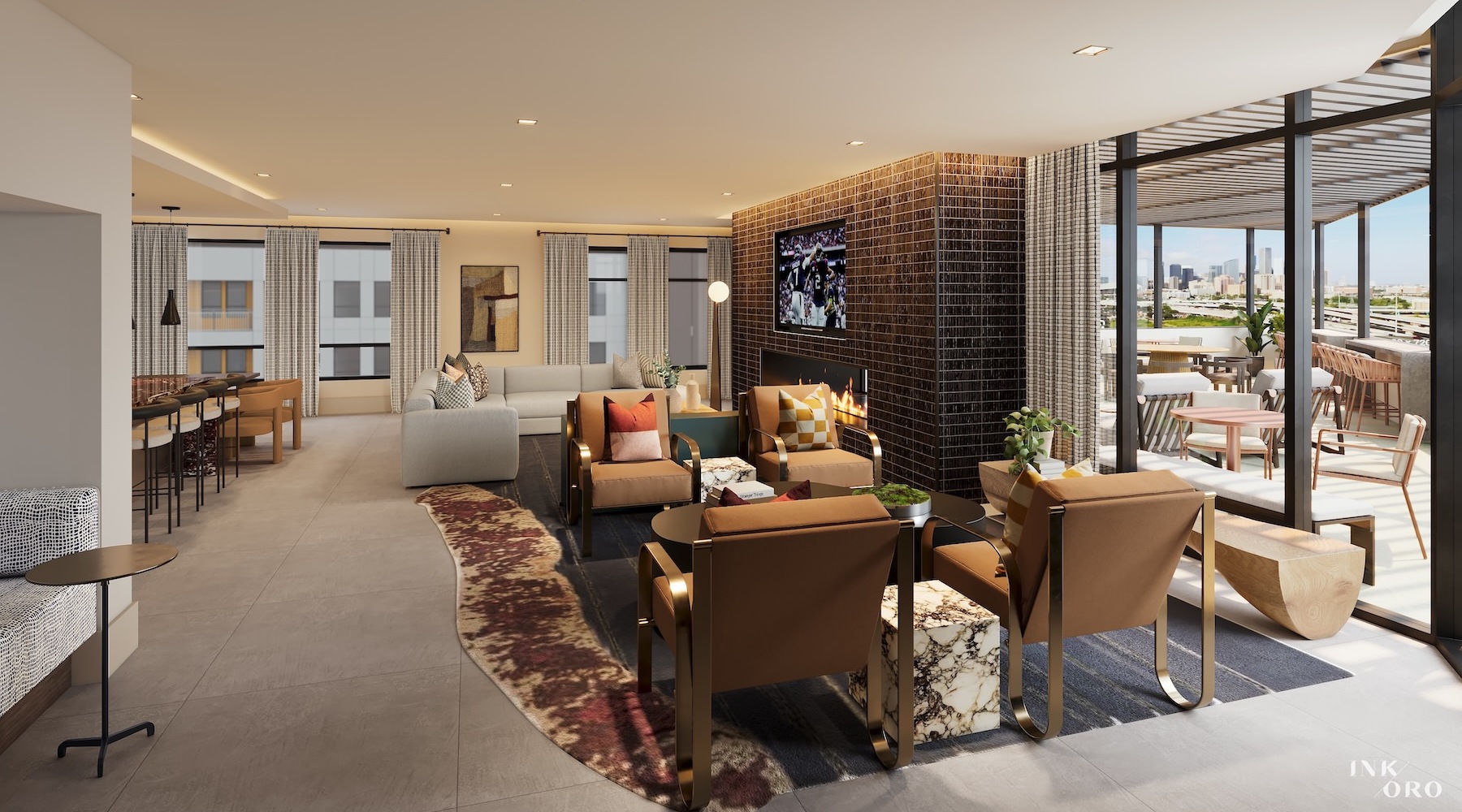 Elevated living with a city backdrop clubhouse with chairs and a large glass door