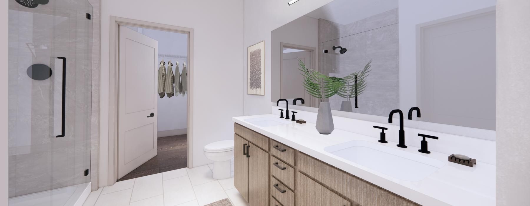 a bathroom with a large mirror