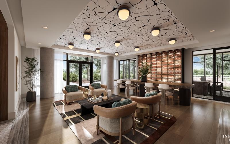 a large room with a large glass wall and a large table with chairs